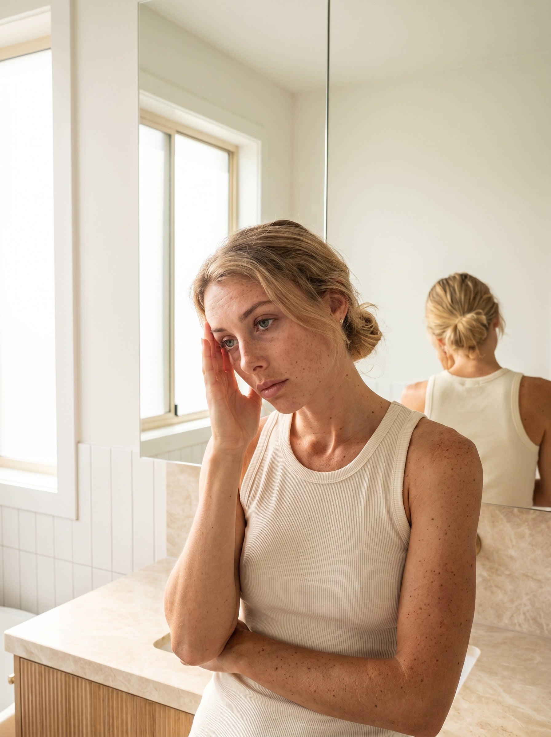 Tired morning without TINA โ same woman, drained, depleted, foggy