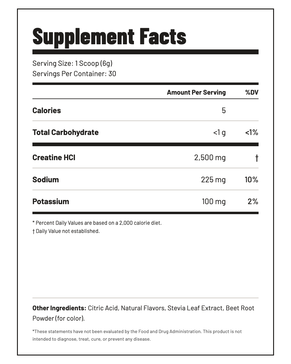 TINA supplement facts panel — creatine hydrochloride, electrolytes, full ingredient transparency